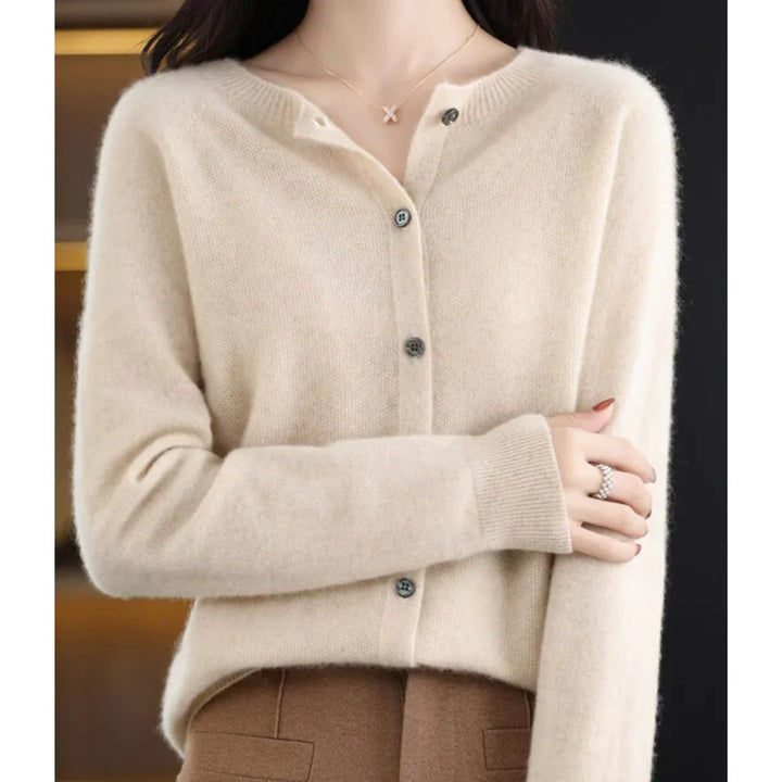 Marnie button down crew neck cardigan in beige, front view