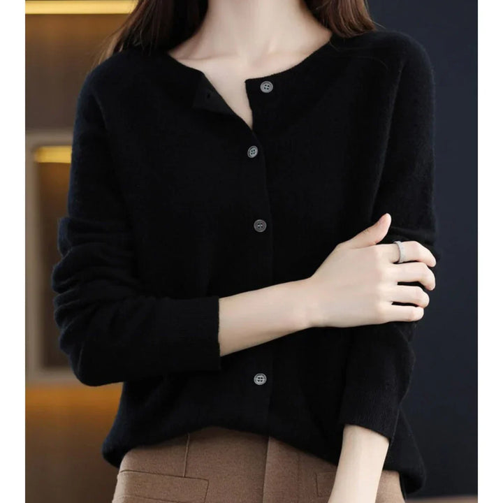 Marnie button down crew neck cardigan in black, front view