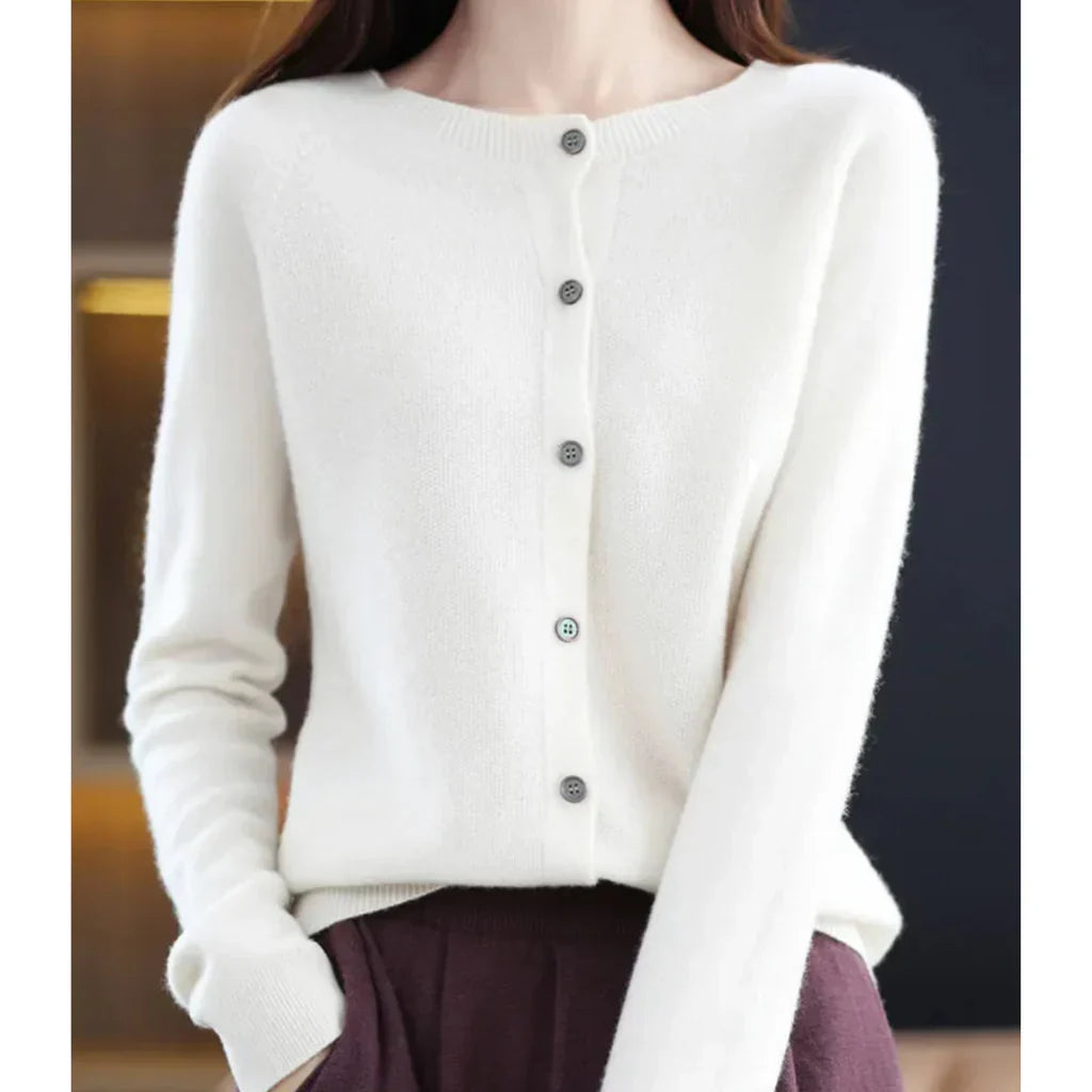 Marnie button down crew neck cardigan in white, front view