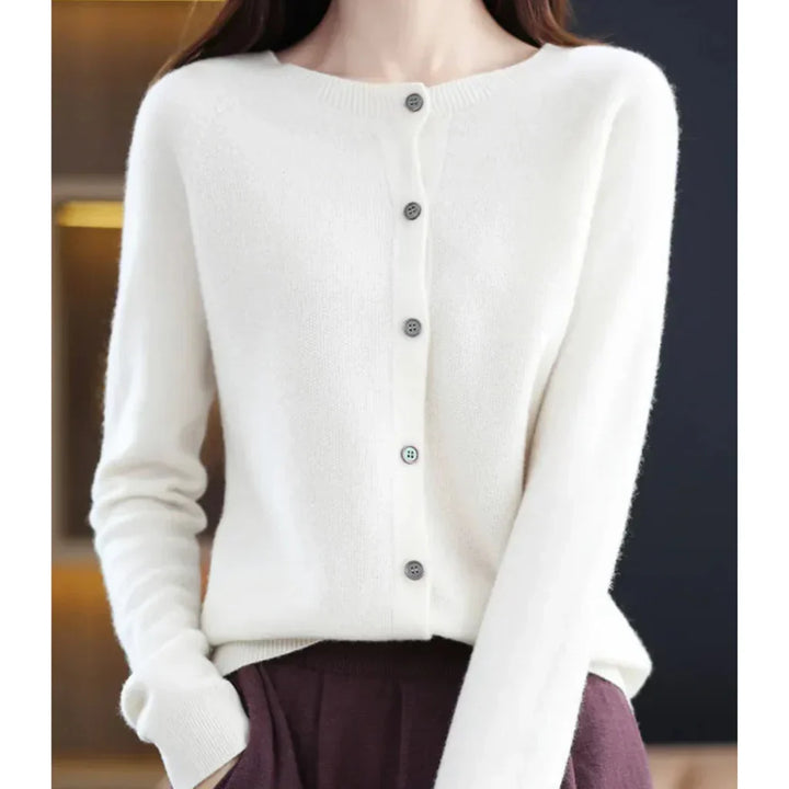 Marnie button down crew neck cardigan in white, front view