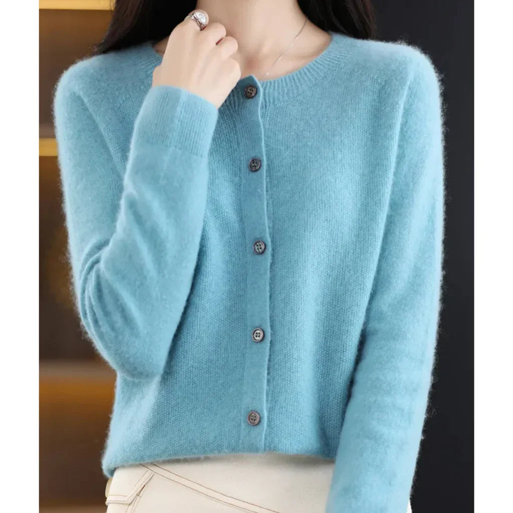Marnie button down crew neck cardigan in sky blue, front view