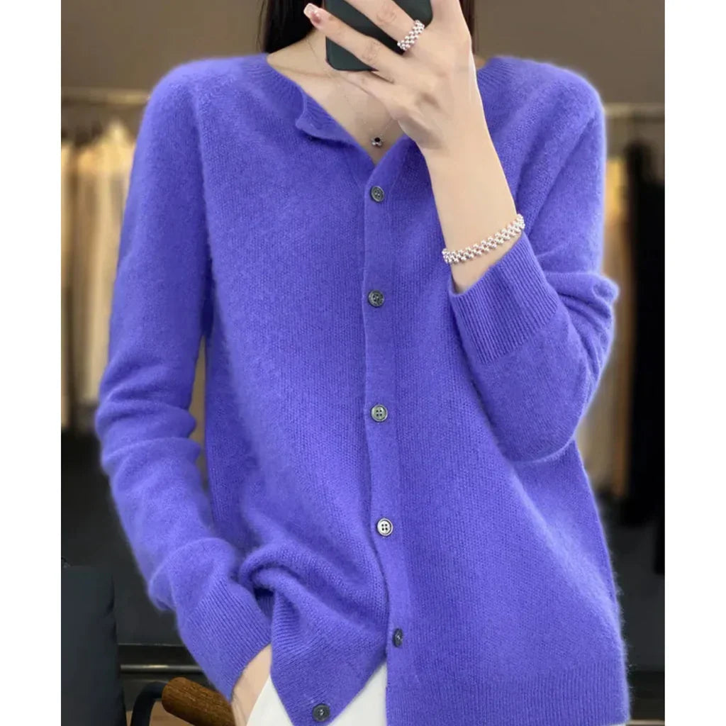 Marnie button down crew neck cardigan in purple, front view