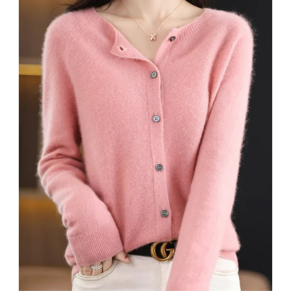Marnie button down crew neck cardigan in pink, front view