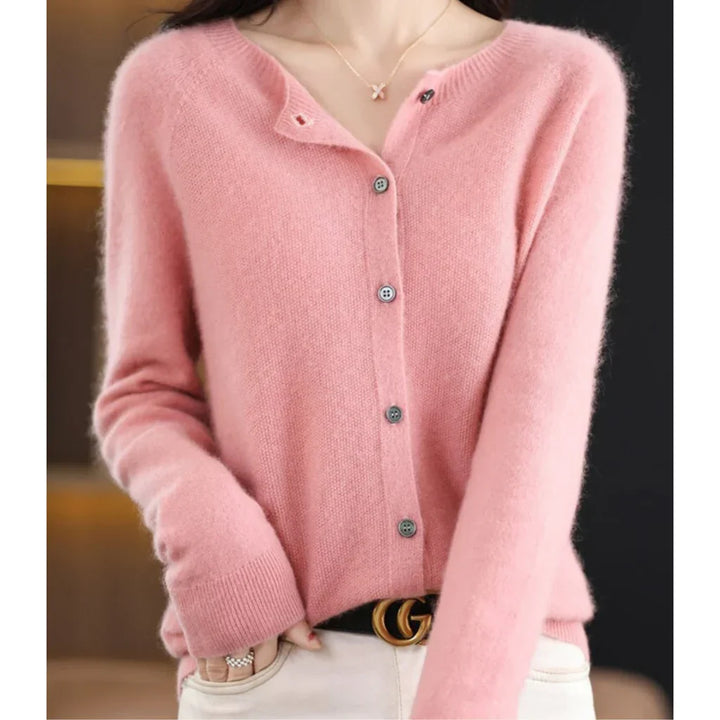 Marnie button down crew neck cardigan in pink, front view