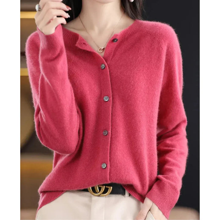 Marnie button down crew neck cardigan in rose red, front view