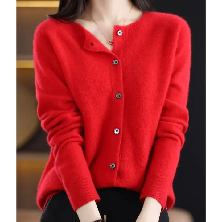 Marnie button down crew neck cardigan in red, front view