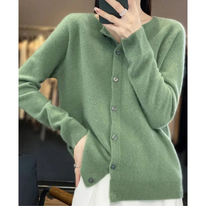 Marnie button down crew neck cardigan in green, side view
