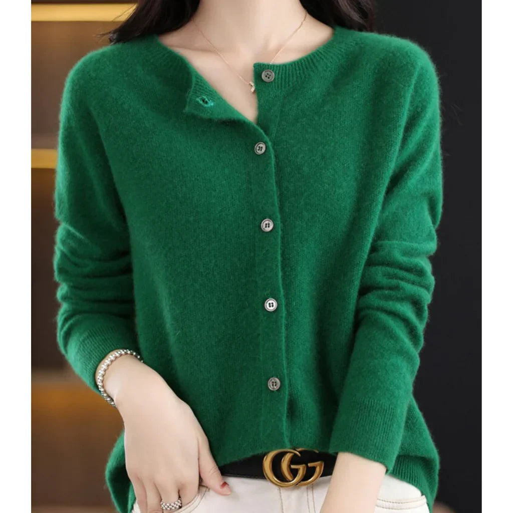 Marnie button down crew neck cardigan in green, front view