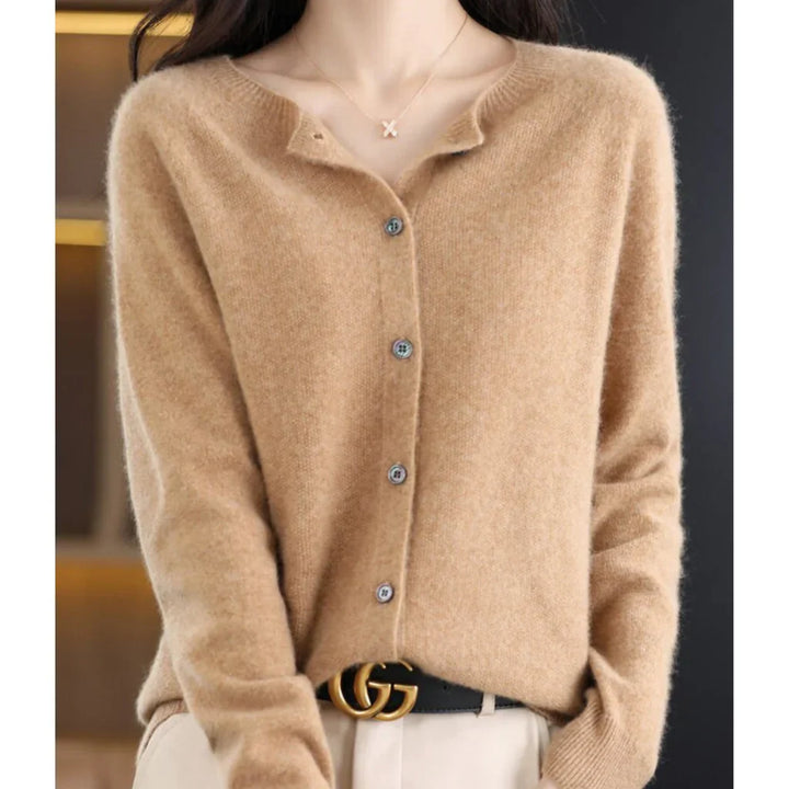 Marnie button down crew neck cardigan in camel, front view