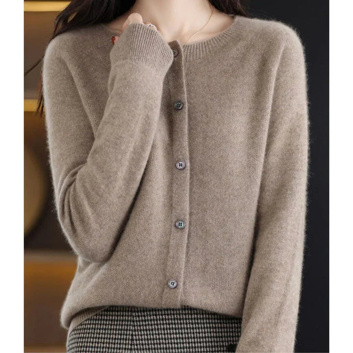 Marnie button down crew neck cardigan in taupe, front view