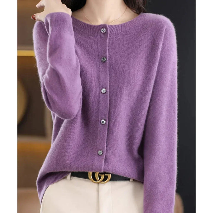 Marnie button down crew neck cardigan in purple, front view