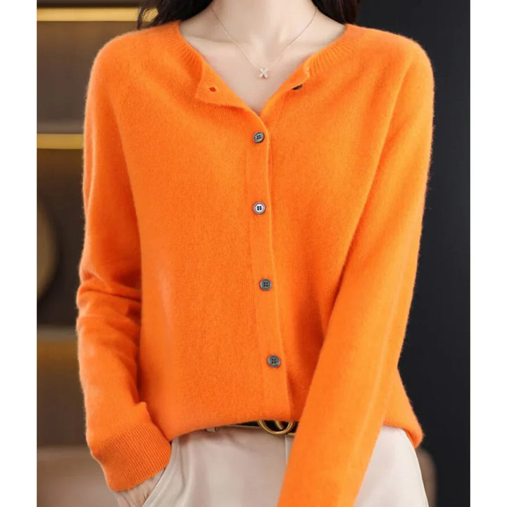 Marnie button down crew neck cardigan in orange, front view