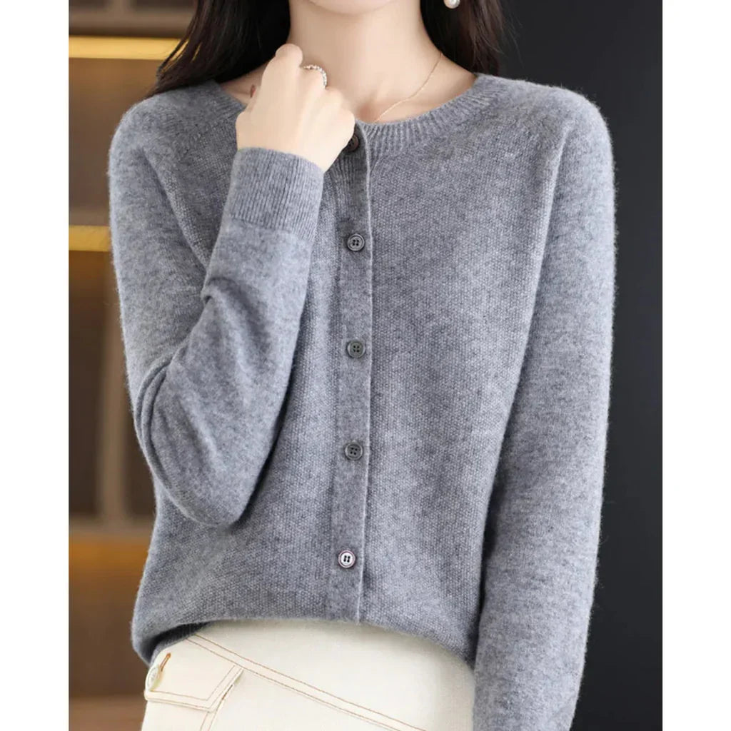 Marnie button down crew neck cardigan in gray, front view