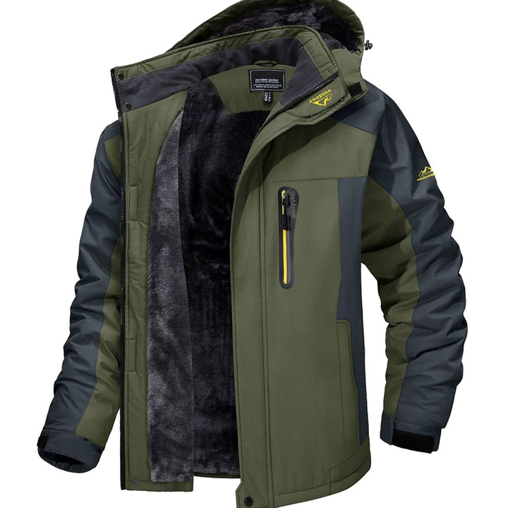 Dashiell army green hooded winter jacket with fleece lining, open front view