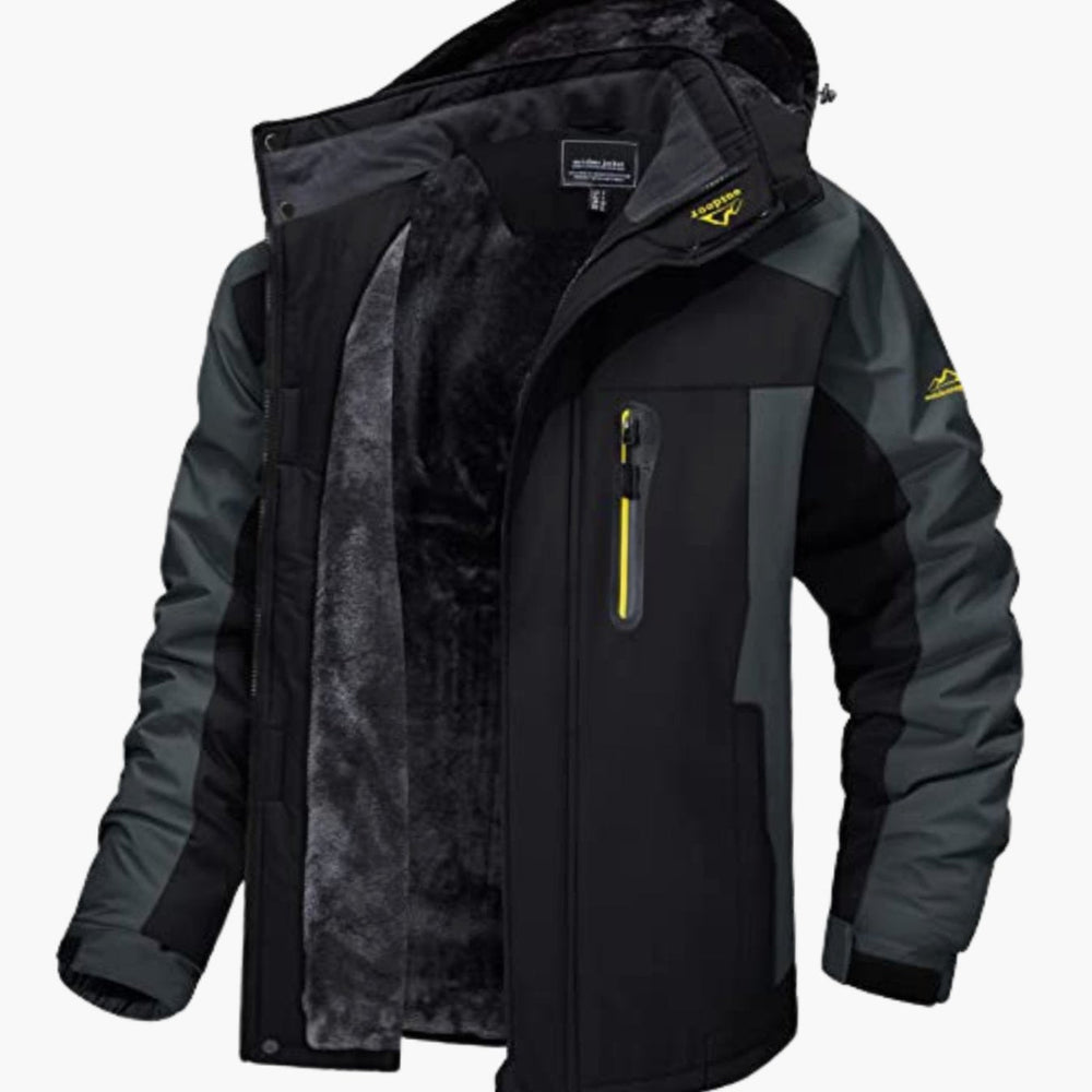 Dashiell black hooded winter jacket with fleece lining, open front view