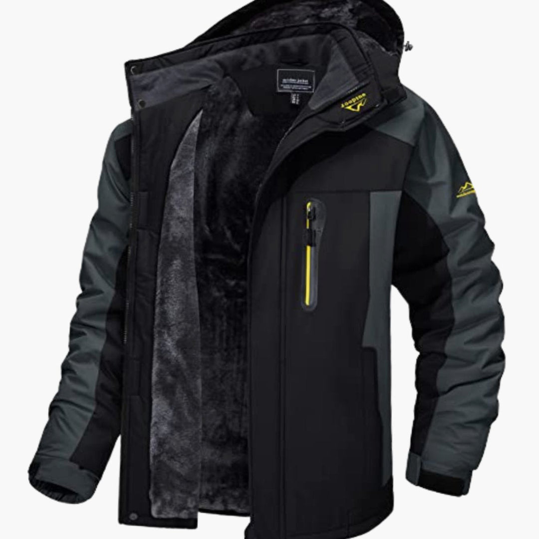 Dashiell black hooded winter jacket with fleece lining, open front view