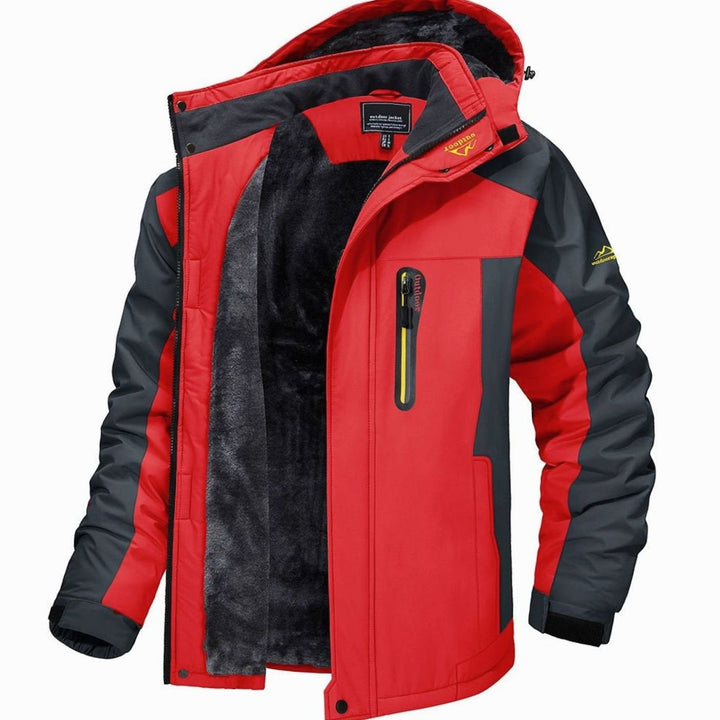 Dashiell red hooded winter jacket with fleece lining, open front view