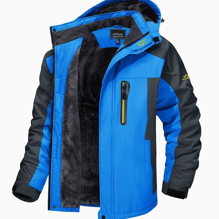 Dashiell light blue hooded winter jacket with fleece lining, open front view