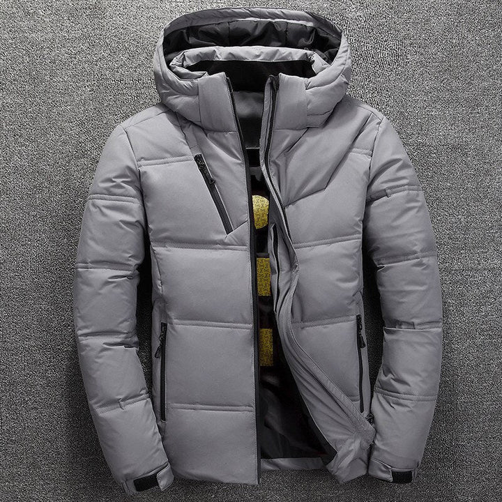 Hudson gray hooded winter jacket with detachable hood, front view