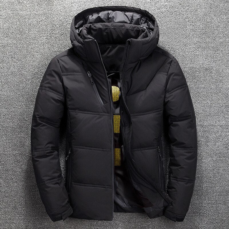 Hudson black hooded winter jacket, full front view