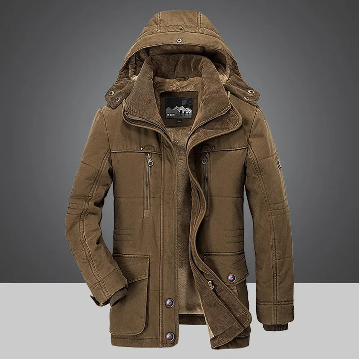 Garrison hooded winter jacket in brown, front view unzipped
