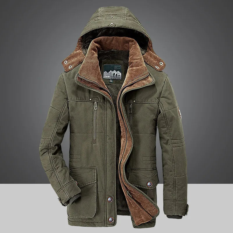 Garrison hooded winter jacket in olive green, front view