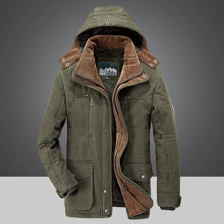 Garrison hooded winter jacket in olive green, front view