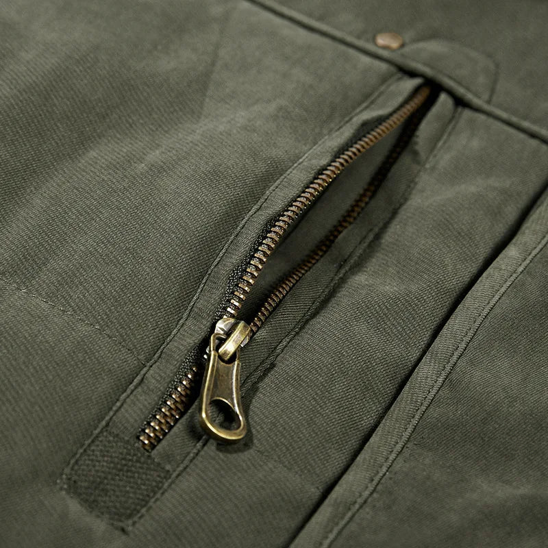 Close-up of Garrison jacket zipper and pocket hardware