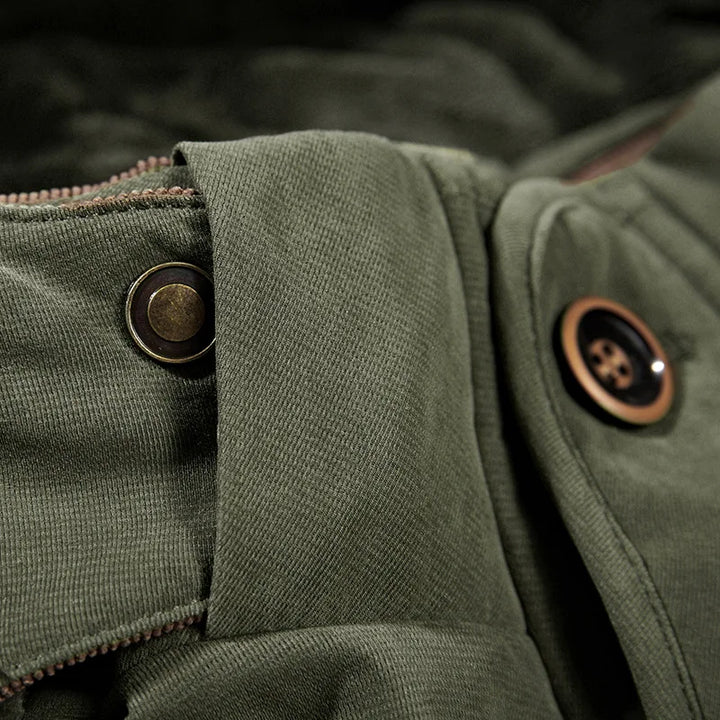Close-up of Garrison jacket zipper and pocket hardware