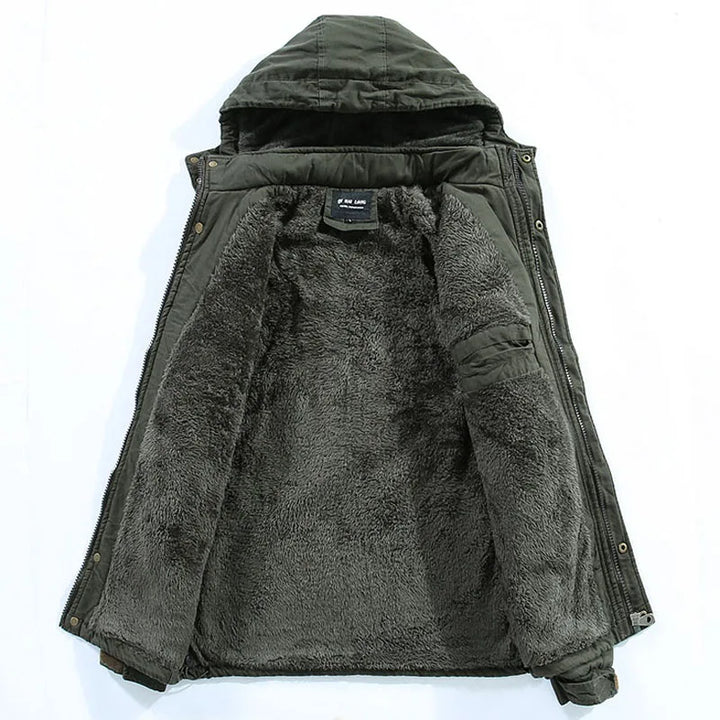 Weston hooded winter jacket, open view showing fleece lining
