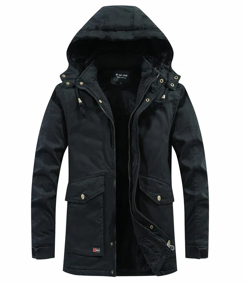 Weston hooded winter jacket in black, front view
