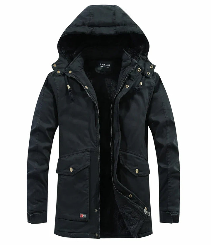 Weston hooded winter jacket in black, front view
