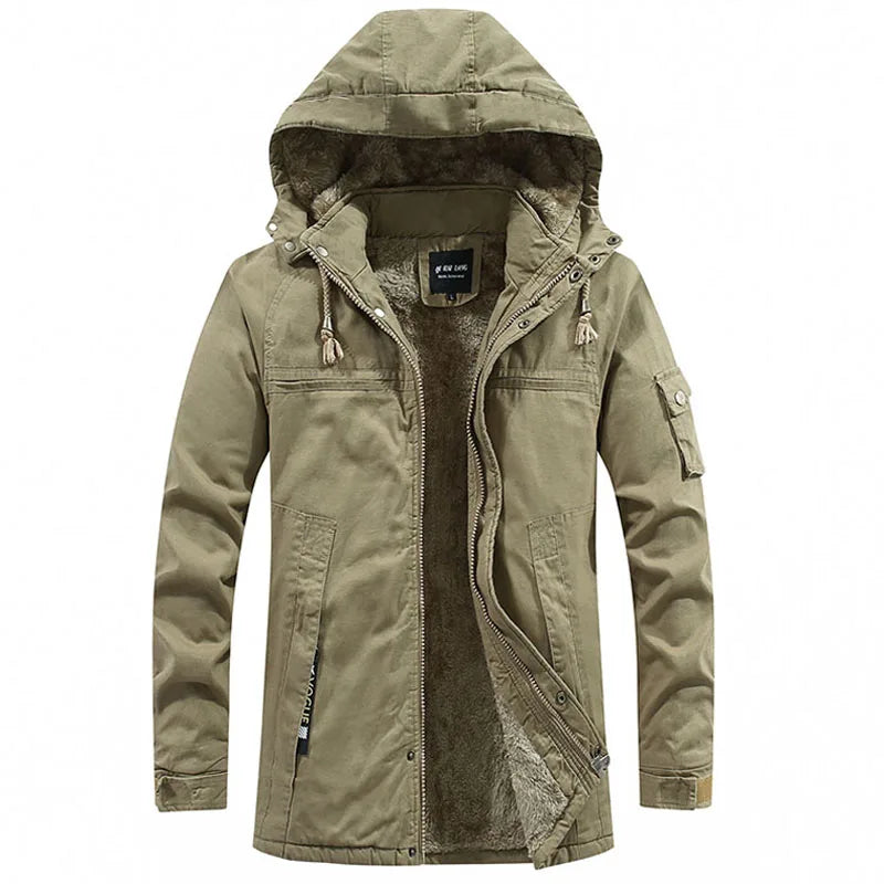 Weston hooded winter jacket in khaki, front view