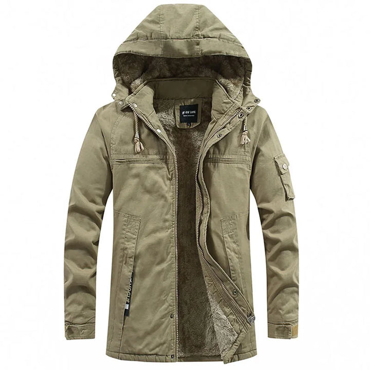 Weston hooded winter jacket in khaki, front view