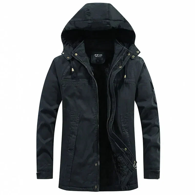 Weston hooded winter jacket in black, front view