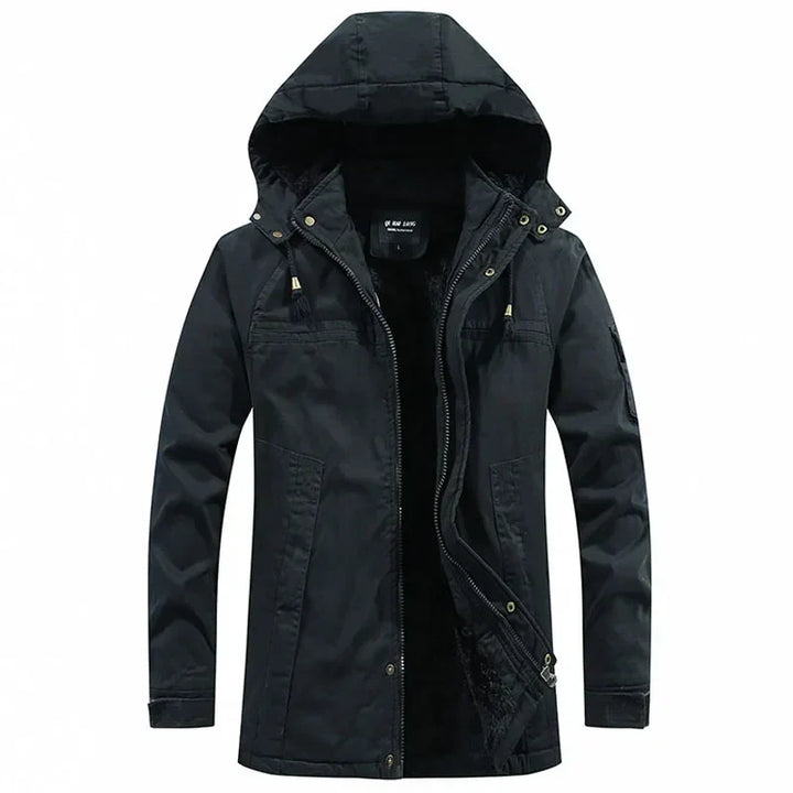 Weston hooded winter jacket in black, front view