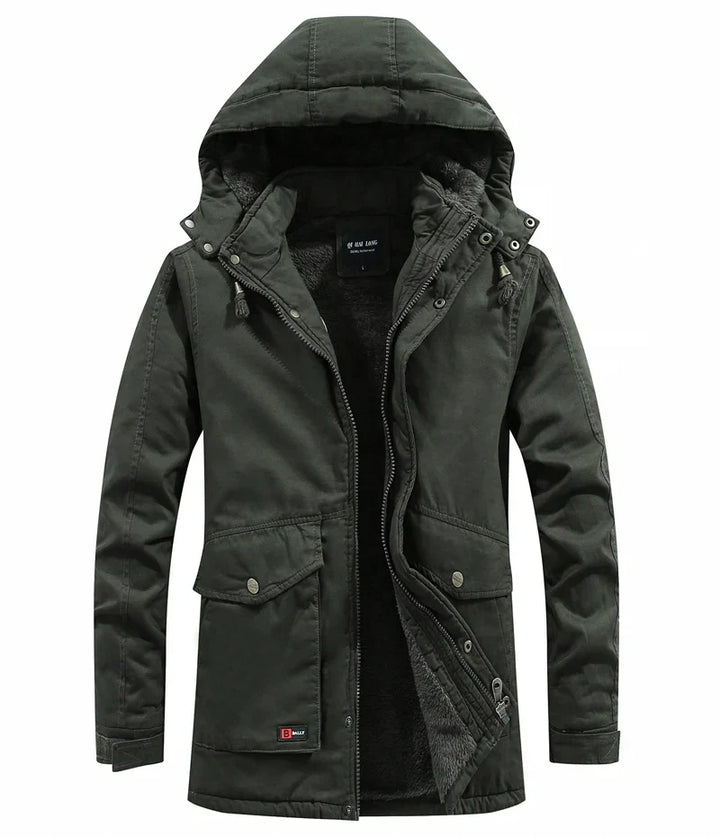 Weston hooded winter jacket in black, front view