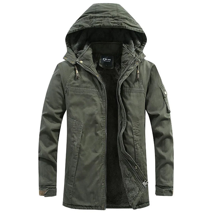 Weston hooded winter jacket in black, front view