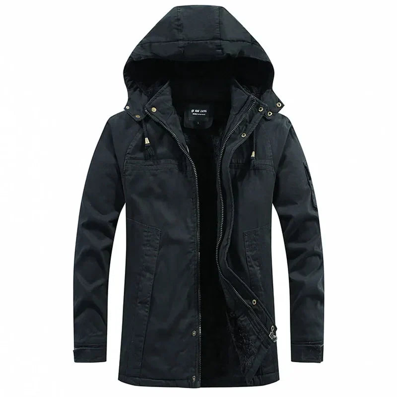 Weston hooded winter jacket in black, front view