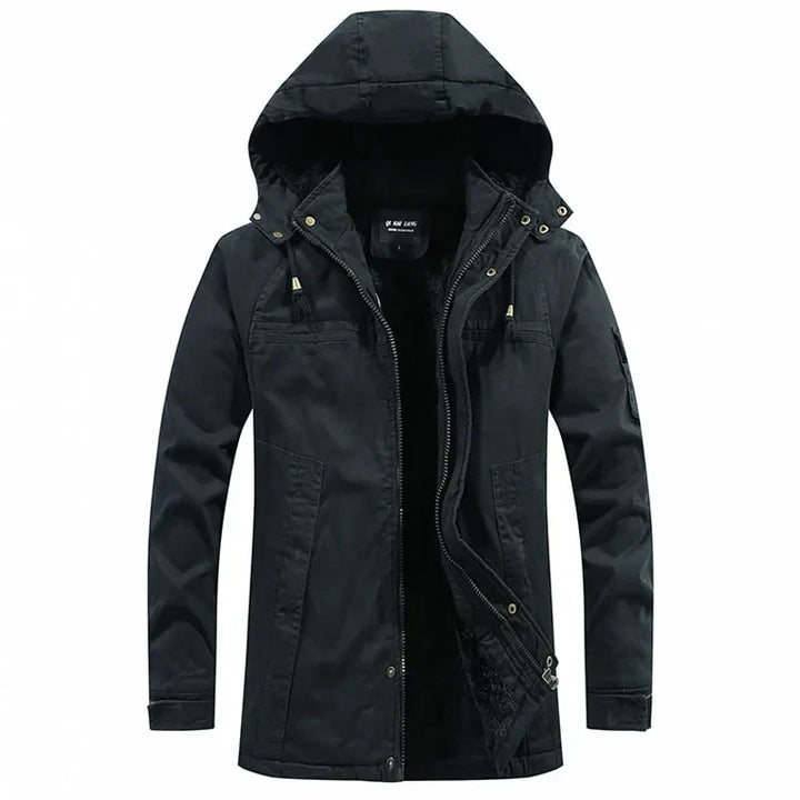 Weston hooded winter jacket in black, front view