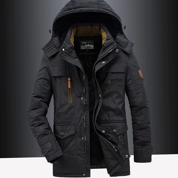 Marcus hooded insulated winter jacket in black, front view
