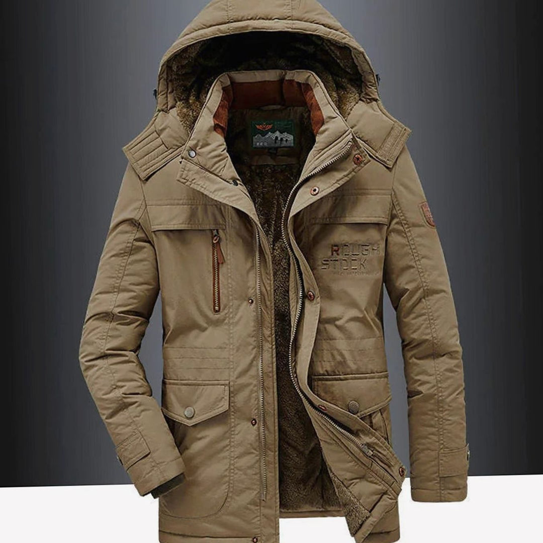 Marcus hooded insulated winter jacket in khaki, front view