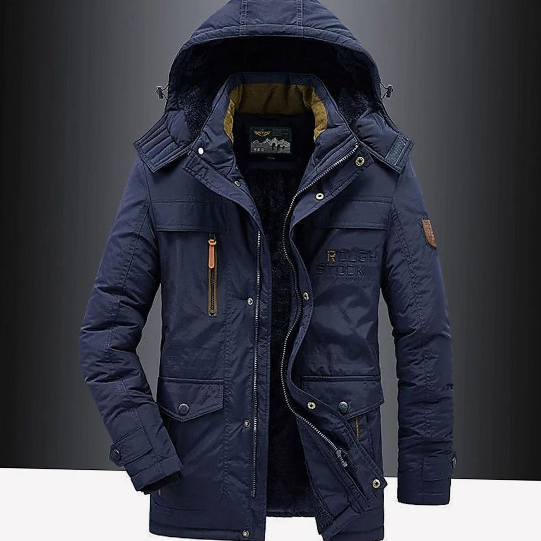Marcus hooded insulated winter jacket in navy, front view