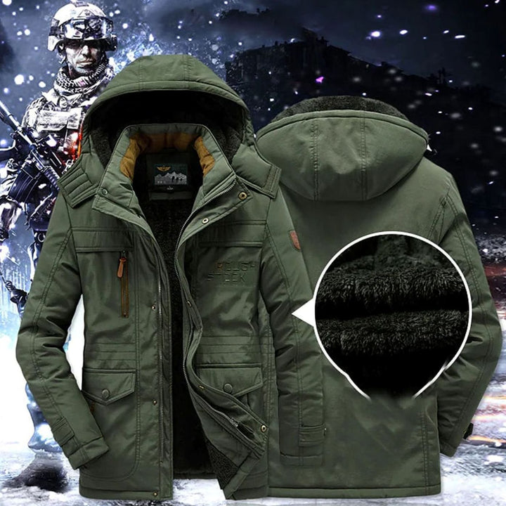 Marcus hooded insulated winter jacket in olive green, front and back view with fleece lining detail