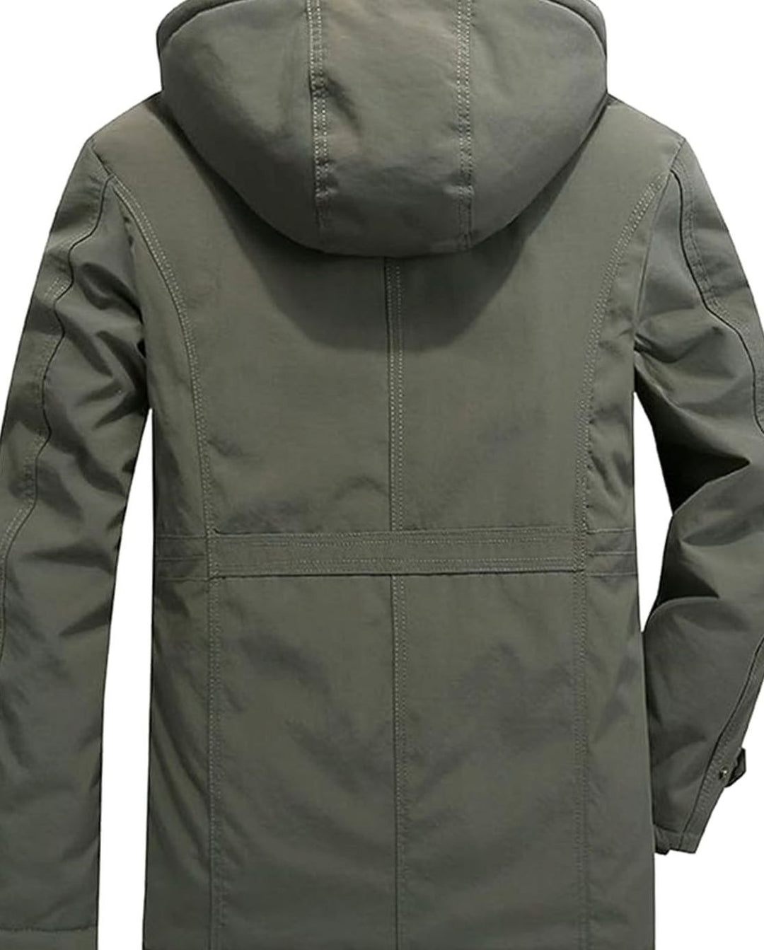 Marcus hooded insulated winter jacket in olive green, front and back view with fleece lining detail