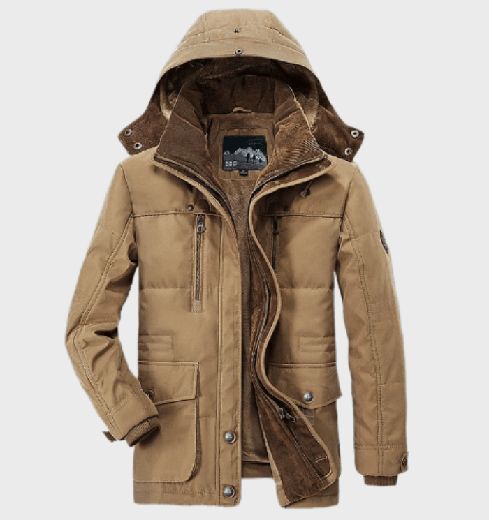 Thaddeus hooded insulated winter jacket in khaki, front view with hood up