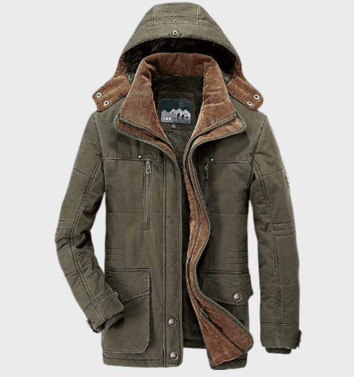 Thaddeus hooded insulated winter jacket in green, front view with hood up