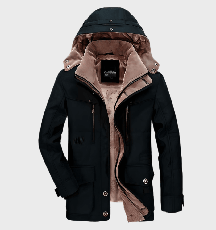 Thaddeus hooded insulated winter jacket in black, front view open with hood up