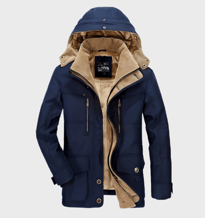 Thaddeus hooded insulated winter jacket in navy, front view open with hood up