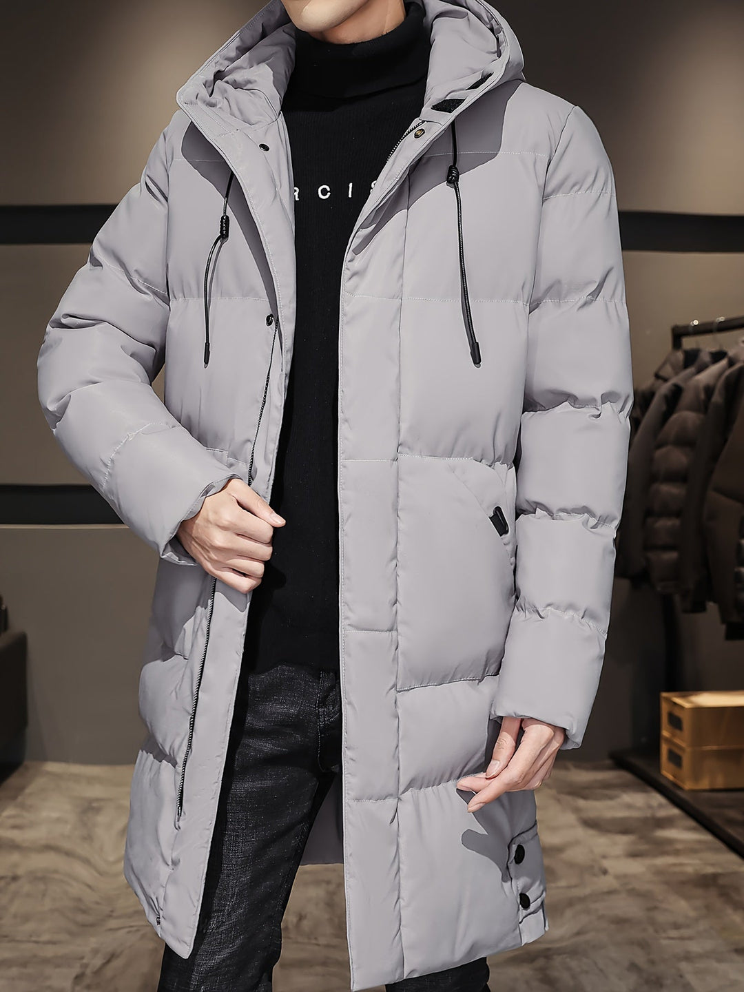Hendrix olive green hooded long padded winter jacket, side angle view